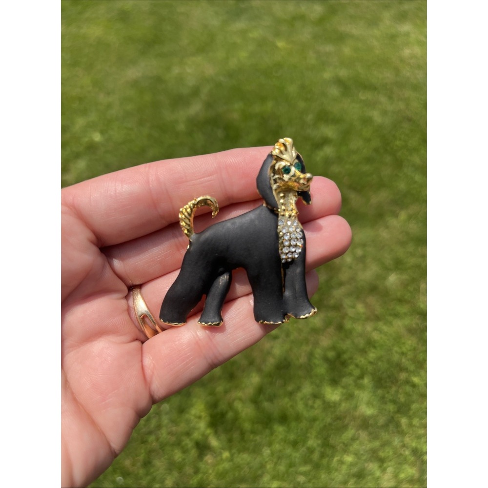 Black Afghan Pin Brooch Black Matte Gold-Tone Rhinestones w/‎ Green Eyes 2"